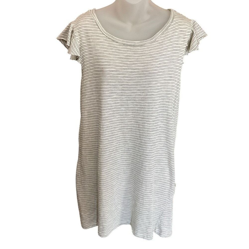 Ellison Midi Dress Round Neck Ruffled Cap Raw Edge Sleeves White Black Stripe M